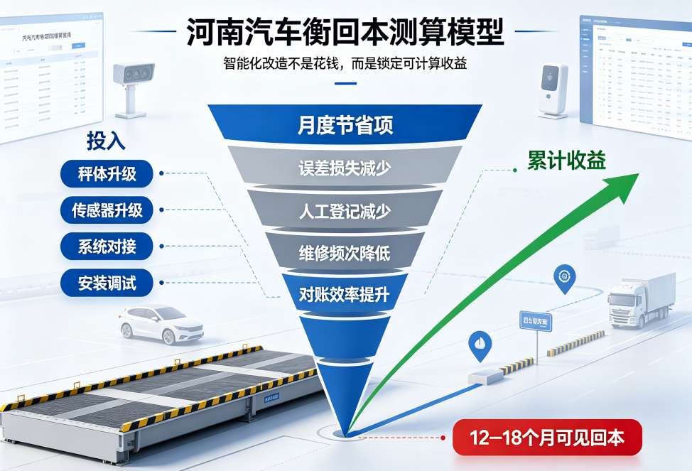 河南汽车衡，ROI测算，无人值守地磅，新益德称重系统，投资回报